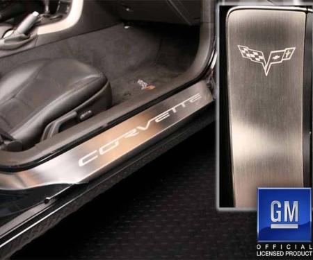 American Car Craft 2005-2013 C6 -'Corvette' Laser Etched Full Length Outer Door Sills 2Pc, Stainless Steel (BRUSHED) 041047