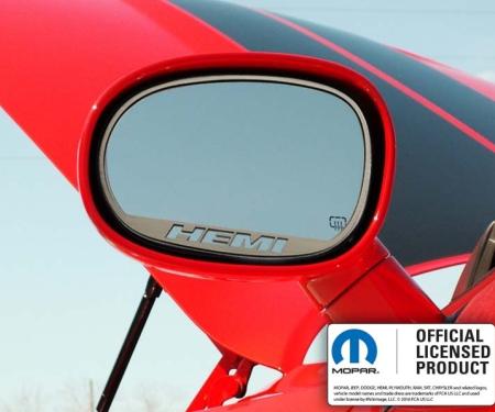 American Car Craft 2008-2023 Challenger - Side Mirror Trim "HEMI" Cutout Style 2Pc, Brushed Stainless 152029