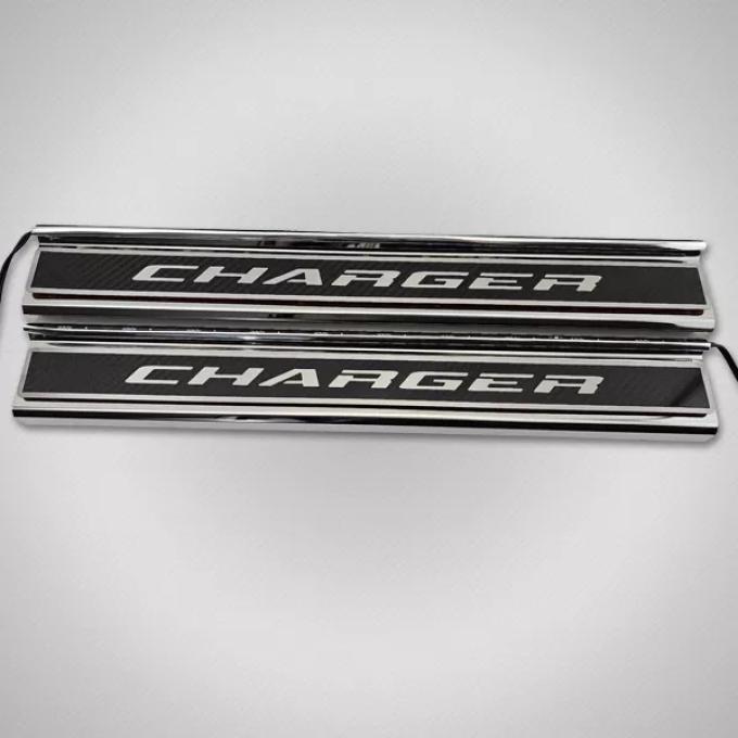 American Car Craft 2015-2024 Dodge Charger Carbon Fiber Polished Front Door Sills with "CHARGER " Brushed Lettering with Logo 2pc (No LEDs) 331103