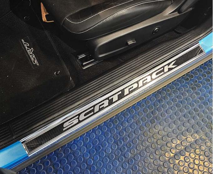 American Car Craft 2015-2024 Dodge Challenger Carbon Fiber Door Sills with "Scat Pack" Brushed Lettering with  Optional LED 2pc (No LEDs) 151084