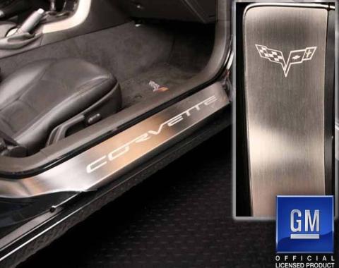 American Car Craft 2005-2013 C6 -'Corvette' Laser Etched Full Length Outer Door Sills 2Pc, Stainless Steel (BRUSHED) 041047