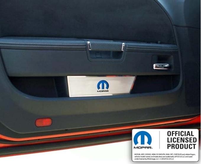 American Car Craft 2008-2014 Challenger - Door Badge Plate with Blue MOPAR Omega "M" Inlay 2Pc, Brushed Stainless 151030
