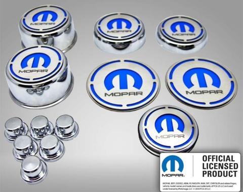 American Car Craft 2008-2023 Challenger - MOPAR Inlay Deluxe Fluid & Shock Tower Cap Covers 13Pc, Choose Inlay Color & Eng 153054