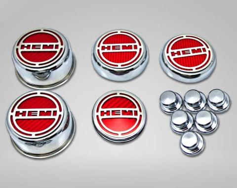American Car Craft 2008-2018 5.7 Hemi V8 Engine - "HEMI" Fluid & Shock Tower Cap Covers 11Pc, Choose Color 333051