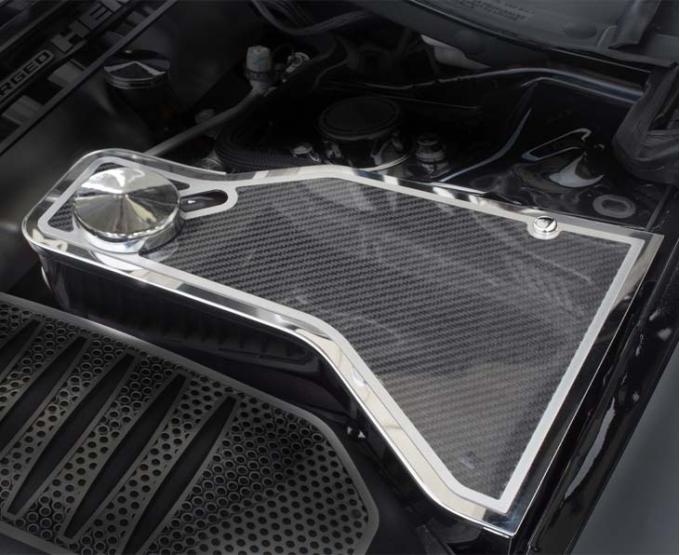 American Car Craft 2011-2023 Challenger - Water Tank Cover with Cap, Polished Stainless Steel, With Carbon Fiber Top Plate 153023/153069