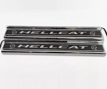American Car Craft 2015-2024 Dodge Charger Carbon Fiber Polished Front Door Sills with "HELLCAT" Brushed Lettering with Logo 2pc (No LEDs) 331102