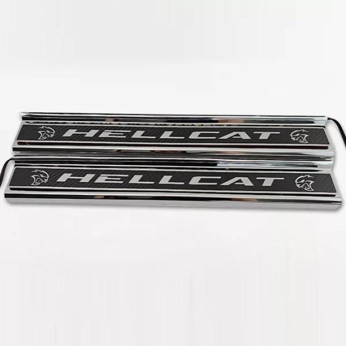 American Car Craft 2015-2024 Dodge Charger Carbon Fiber Polished Front Door Sills with "HELLCAT" Brushed Lettering with Logo 2pc (No LEDs) 331102
