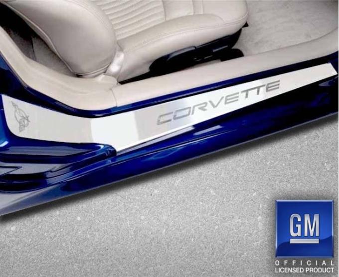 American Car Craft 1997-2004 C5/Z06 Corvette - Outer Door Sills Etched C5 Logo & CORVETTE Lettering 2Pc, Brushed Stainless 031012