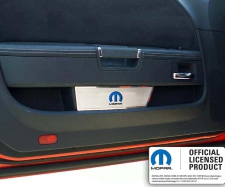 American Car Craft 2008-2014 Challenger - Door Badge Plate with Blue MOPAR Omega "M" Inlay 2Pc, Brushed Stainless 151030