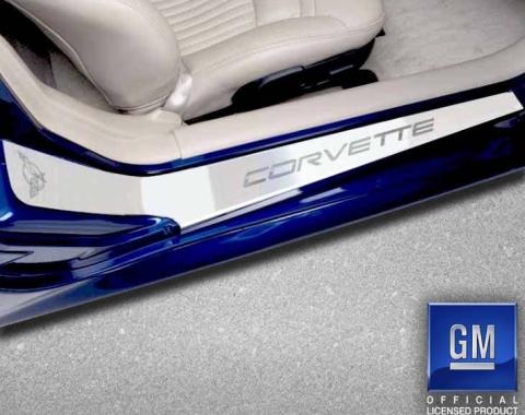 American Car Craft 1997-2004 C5/Z06 Corvette - Outer Door Sills Etched C5 Logo & CORVETTE Lettering 2Pc, Brushed Stainless 031012