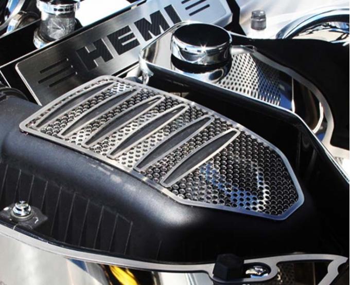 American Car Craft 2011-2023 Challenger 5.7/6.2L/6.4L- Perforated HEMI Air Box Cover, Polished Stainless Steel 153044