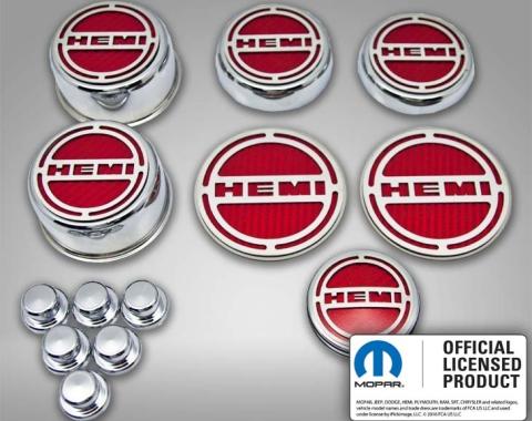 American Car Craft 2008-2023 Challenger - HEMI Inlay Deluxe Fluid & Shock Tower Cap Covers 13Pc, Choose Inlay Color & Engine 153052