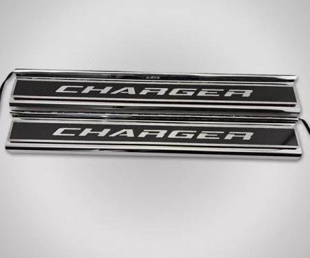 American Car Craft 2015-2024 Dodge Charger Carbon Fiber Polished Front Door Sills with "CHARGER " Brushed Lettering with Logo 2pc (No LEDs) 331103