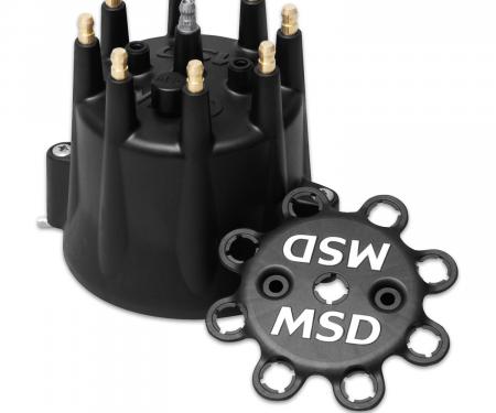 MSD Distributor Cap, V8, HEI Terminals, Black, Spark Plug Wire Retainer 84333