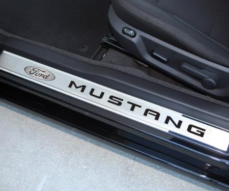 2010-2014 Mustang - Door Sills Polished/Brushed Ford Oval w/ 'MUSTANG' Carbon Fiber Inlay 2Pc - Outer Sills 271024