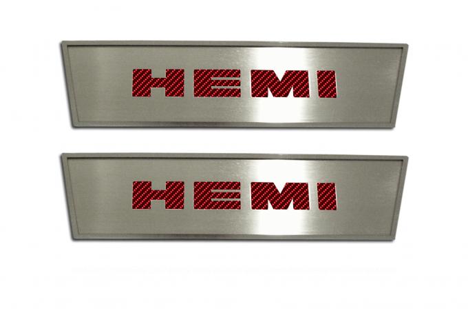 2008-2014 Dodge Challenger - Door Badge Plate Brushed/Carbon Fiber "HEMI" 2Pc 151021