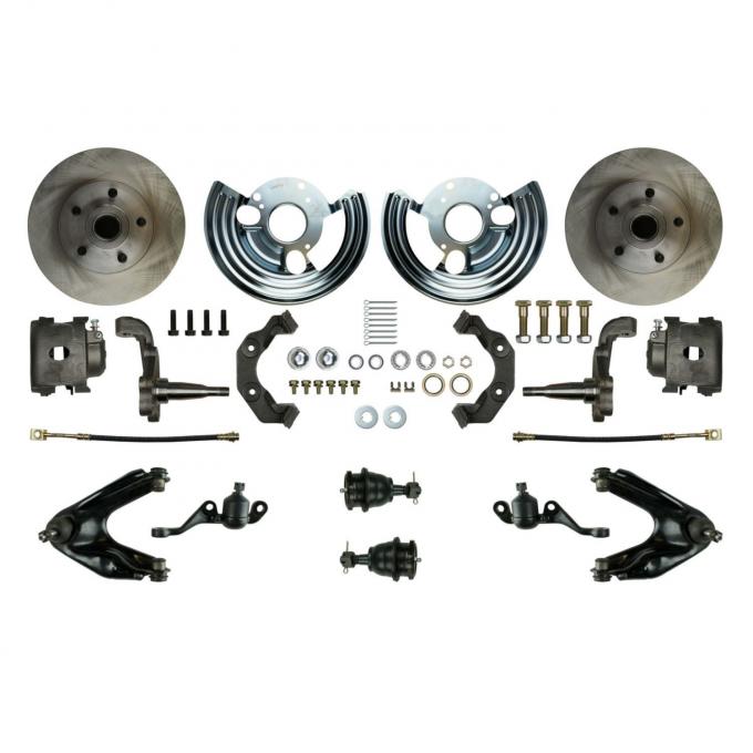 Right Stuff Stock Height Front Wheel Kit with Standard Rotors, Natural Finish Calipers, Hoses, Backing Plates, Caliper Brackets and more for Mopar 60-76 A-Body. MDC66WKC