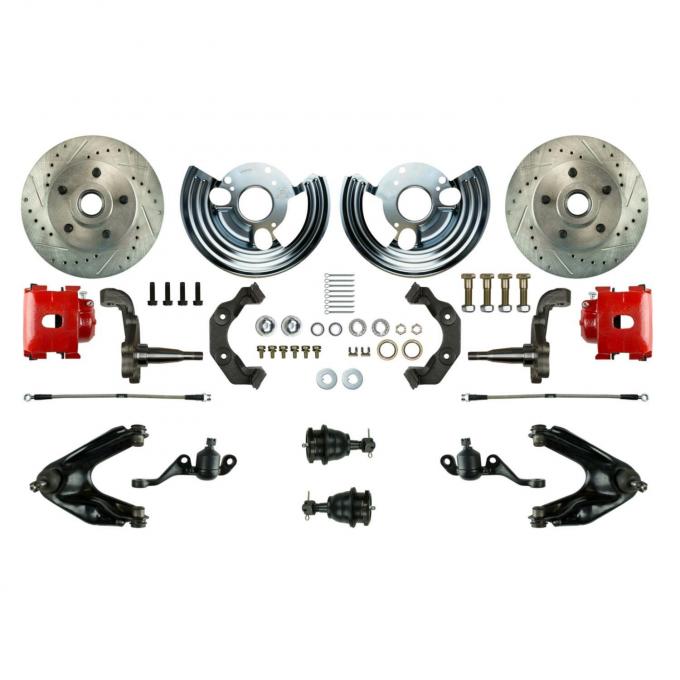 Right Stuff Stock Height Front Wheel Kit with Show 'N Go Upgrade featuring Drilled & Slotted Rotors, Red Powder Coated Calipers, Stainless Hoses, Backing Plates, Caliper Brackets and more for Mopar 60-76 A-Body. MDC66WKCZ