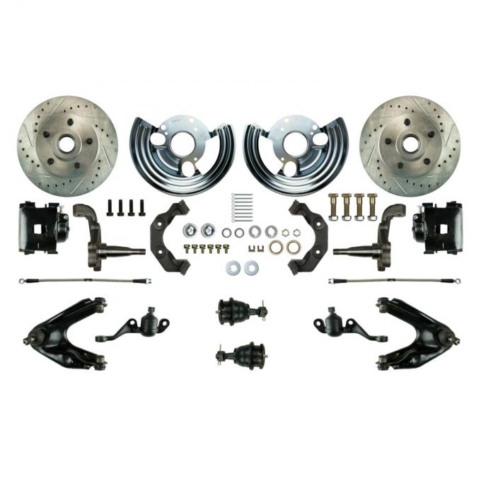 Right Stuff Stock Height Front Wheel Kit with Show 'N Go Upgrade featuring Drilled & Slotted Rotors, Black Powder Coated Calipers, Stainless Hoses, Backing Plates, Caliper Brackets and more for Mopar 60-76 A-Body. MDC66WKCS