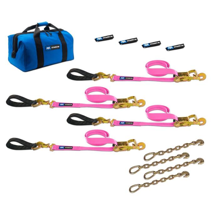 Race Ramps Two 6 & Two 8 Ultra Pack Tie-Down Straps with Detachable Axle Straps, Direct Hook Ends & Chain Extensions - Pink 519267