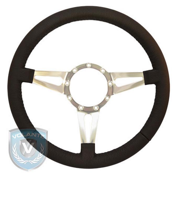 Volante S9 Premium Steering Wheel, Black Leather and Brushed Center, 3 Spoke with Slots