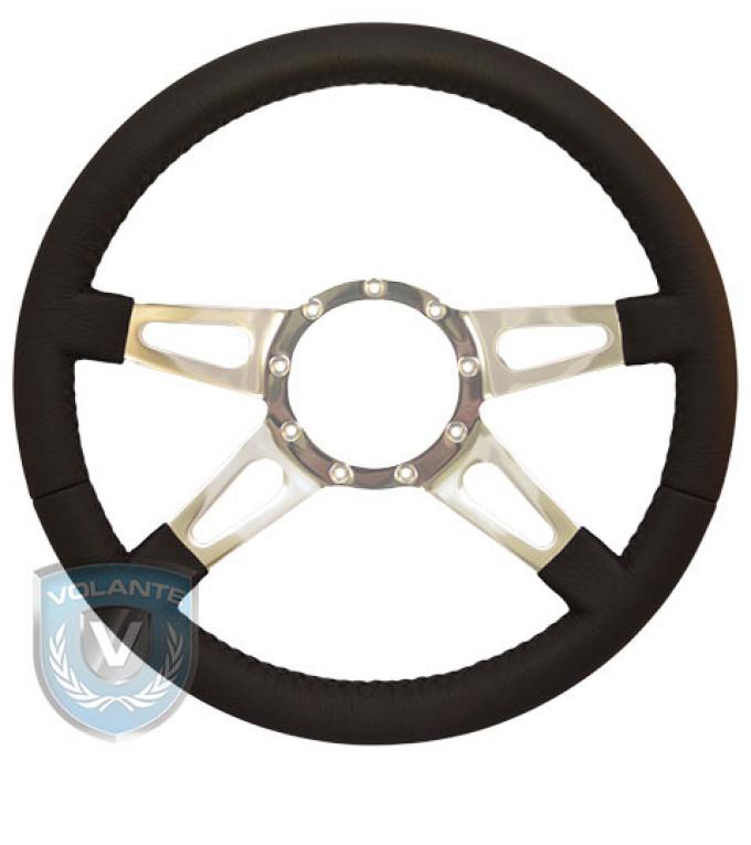 Volante S9 Premium Steering Wheel, Black Leather and Brushed Center, 4 Spoke with Slots