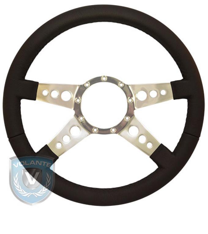 Volante S9 Premium Steering Wheel, Black Leather and Brushed Center, 4 Spoke with Holes