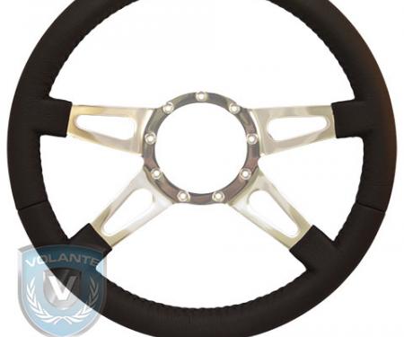 Volante S9 Premium Steering Wheel, Black Leather and Brushed Center, 4 Spoke with Slots