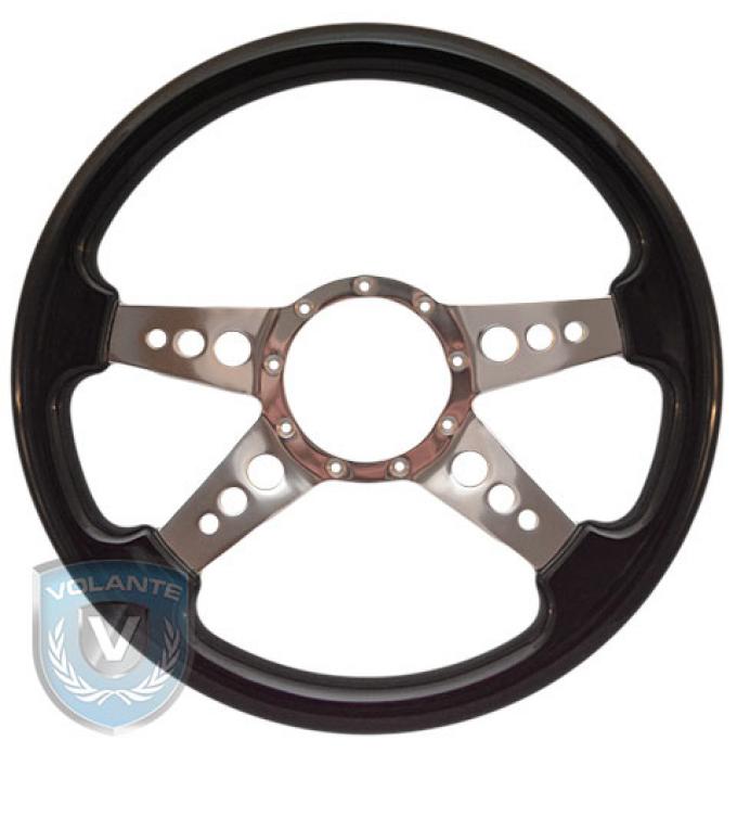 Volante S9 Premium Steering Wheel, Black Wood and Brushed Center, 4 Spoke with Holes