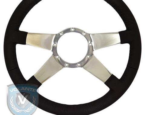 Volante S9 Premium Steering Wheel, Black Leather and Brushed Center, 4 Spoke