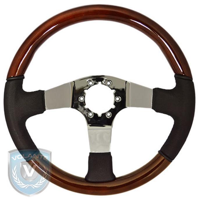 Volante S6 Sport Steering Wheel, Wood and Black Leather with Chrome Center, 3 Spoke