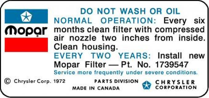 1974 Mopar 318 Air Cleaner Service Instructions Decal (Blue/Black Print)