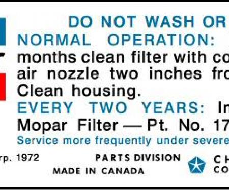 1974 Mopar 318 Air Cleaner Service Instructions Decal (Blue/Black Print)