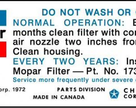 1974 Mopar 318 Air Cleaner Service Instructions Decal (Blue/Black Print)