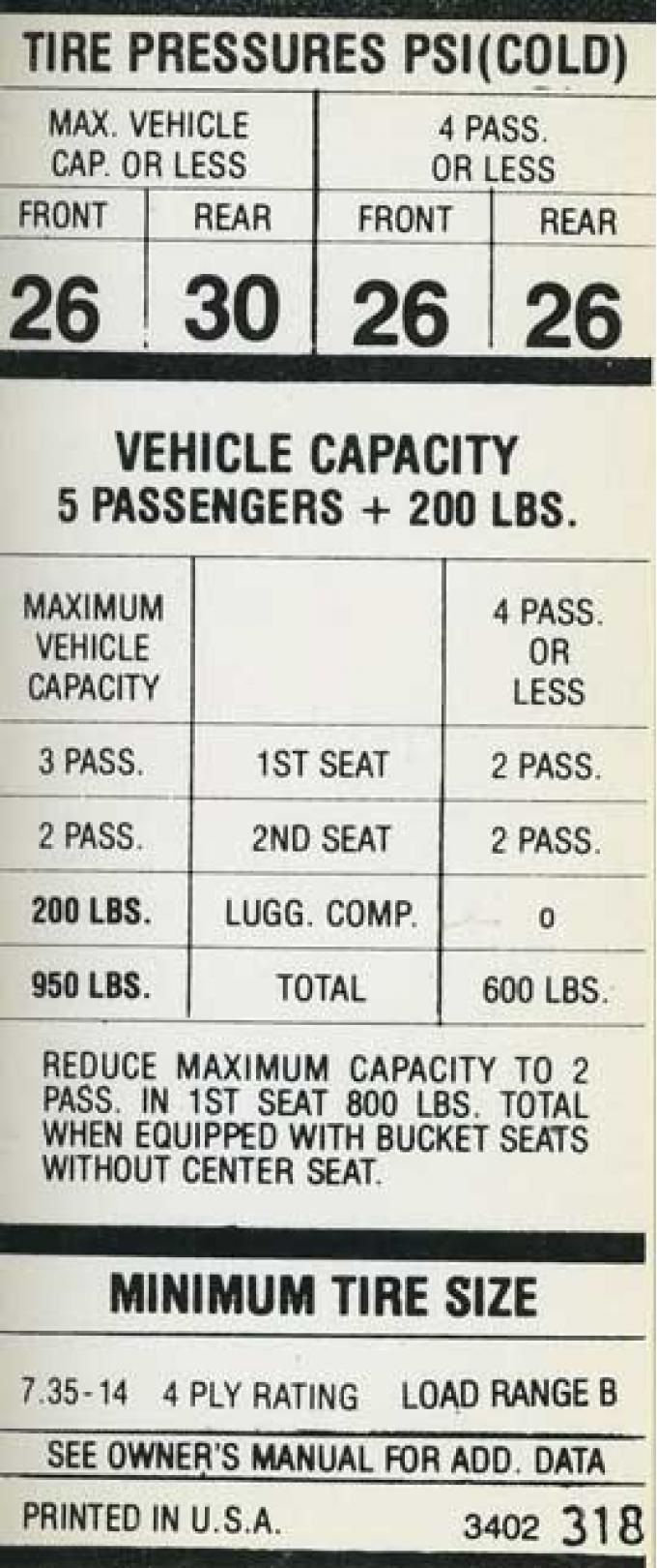 1971-74 Mopar E-Body Hardtop Models with 735 x 14 Tire Pressure Decal (OE# 3402318)