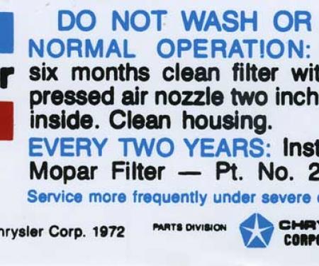 1972-74 Mopar Air Cleaner Service Instructions Decal (Blue/Black Print)