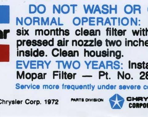 1972-74 Mopar Air Cleaner Service Instructions Decal (Blue/Black Print)