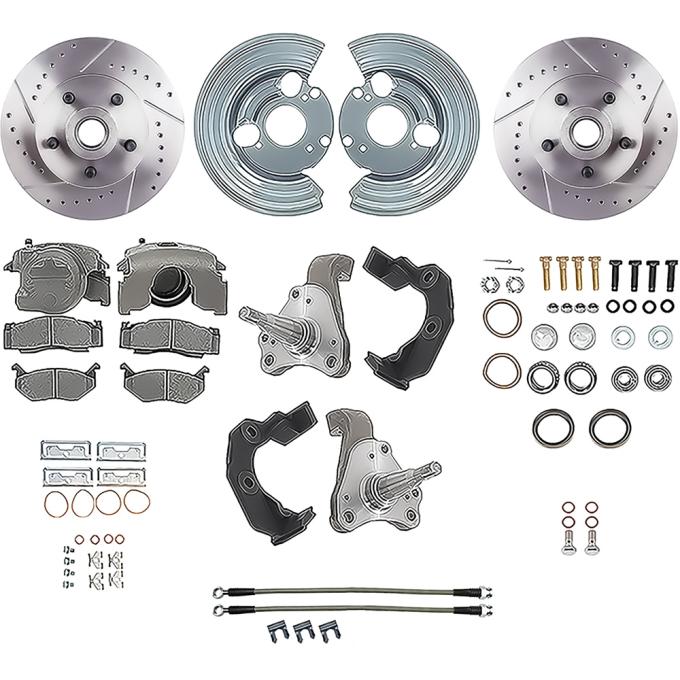 1962-74 Dodge, Plymouth B, E Body, Front Disc Brake Conversion Set, with 11" Drilled and Slotted Rotors and Stainless Braided Hoses