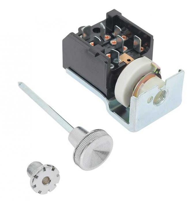 1963-64 Plymouth A/B-Body, Headlamp Switch Assembly, 7 Terminals Plus Ground, With 1-1/4" Rheostat