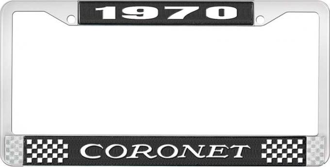 OER 1970 Coronet License Plate Frame - Black and Chrome with White Lettering LF120470A
