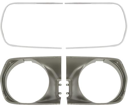 1970 Barracuda, Cuda, Headlamp Bezel Set, With Stainless Steel Trim Moldings, Unpainted