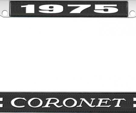 OER 1975 Coronet License Plate Frame - Black and Chrome with White Lettering LF120475A