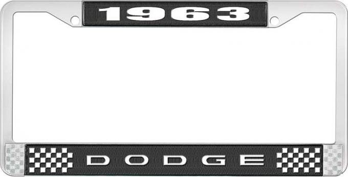 OER 1963 Dodge License Plate Frame - Black and Chrome with White Lettering LF120963A
