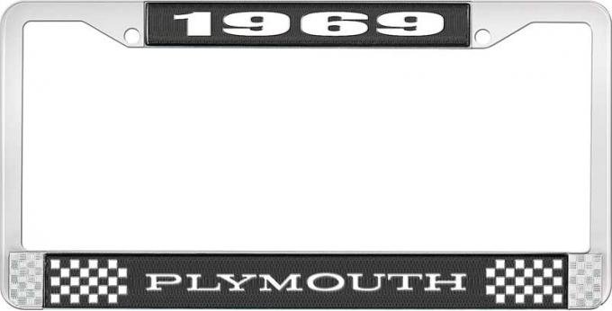 OER 1969 Plymouth License Plate Frame - Black and Chrome with White Lettering LF122169A