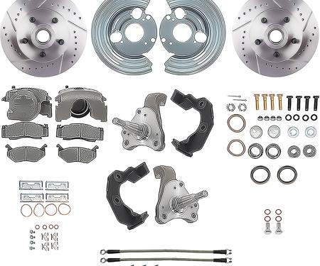1962-74 Dodge, Plymouth B, E Body, Front Disc Brake Conversion Set, with 11" Drilled and Slotted Rotors and Stainless Braided Hoses