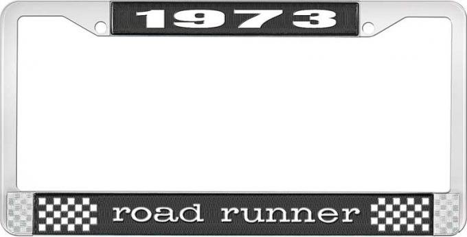 OER 1973 Road Runner License Plate Frame - Black and Chrome with White Lettering LF121673A