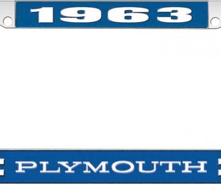 OER 1963 Plymouth License Plate Frame - Blue and Chrome with White Lettering LF122163B