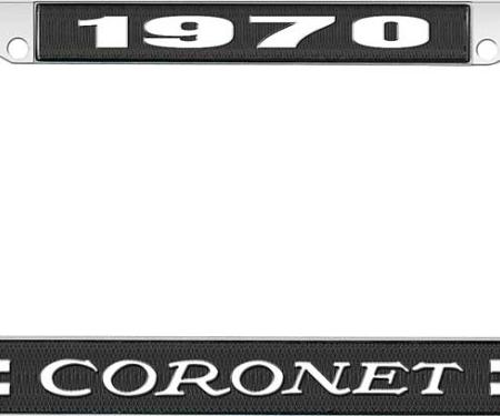OER 1970 Coronet License Plate Frame - Black and Chrome with White Lettering LF120470A