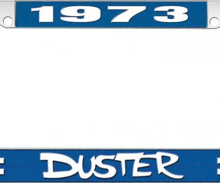 OER 1973 Duster License Plate Frame - Blue and Chrome with White Lettering LF121873B