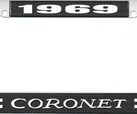 OER 1969 Coronet License Plate Frame - Black and Chrome with White Lettering LF120469A